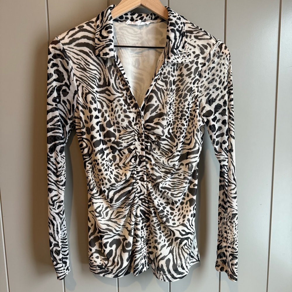 Anthropologie Jane & Delancey Zebra Animal Print Blouse Button Shirt Medium